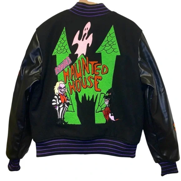 Beetlejuice Halloween Horror Haunted House Mens Varsity Embroidered Patch Jacket - Picture 2 of 11